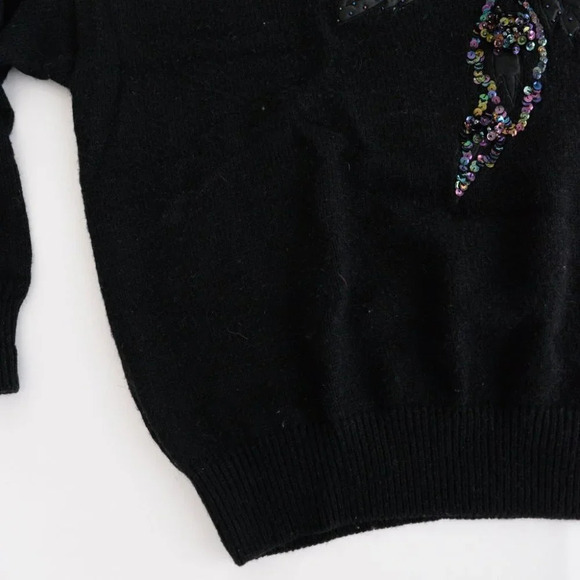 Vintage Black with Beaded Floral Knit Crewneck Sweater - Picture 7 of 12